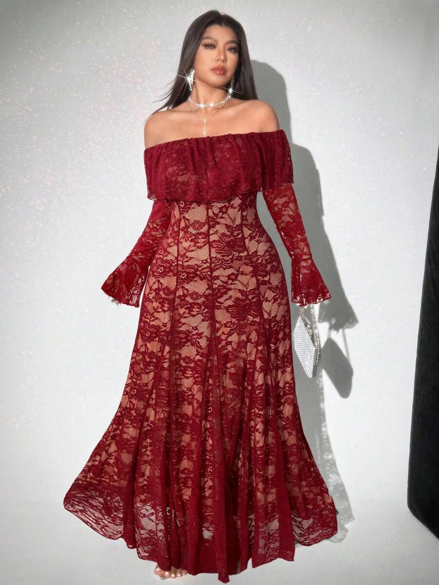 Grovea Elegant Plus Size Sexy Off Shoulder Ruffle Collar Extra Long Lace Dress Fall Cloth For Women - Red - View 1