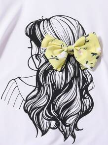 Teen Girl 2pcs/Set Graphic Print Bow Decor Short Sleeve Top & Ditsy Floral Skirt - Yellow - View 4