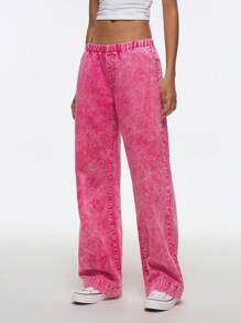 Easelle 2025新款女式松紧腰口袋宽松阔腿热粉色休闲百搭牛仔裤，适合夏季音乐节 - 玫紅色 - 查看 3