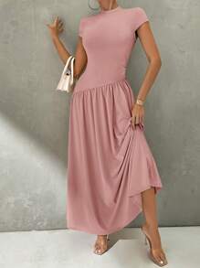 Firerie Elegant Everyday Wear Unconventional Solid Color Short Sleeve Slim Fit Standing Collar Asymmetric A-Line Waist Dress - Pink - View 7