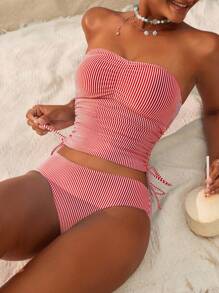 Swim Lushoire 女士吊带背心比基尼上衣，正面褶皱，侧系带抽绳，条纹 - 紅白色 - 查看 3