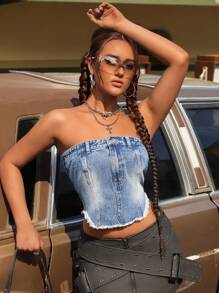 SHEIN ICON 女士休闲破洞下摆短款牛仔紧身胸衣上衣 - 藍色 - 查看 4