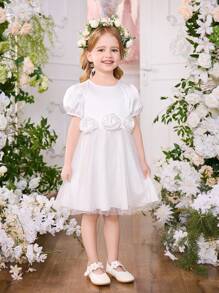 SHEIN Glamorique Kids Flower Young Girls Floral Puff Sleeve White Princess Mesh Dress, Perfect For Wedding, Holiday, Party, Birthday, Summer - White - View 1