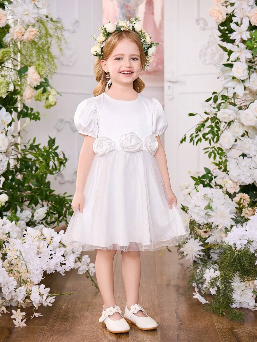 SHEIN Glamorique Kids Flower Young Girls Floral Puff Sleeve White Princess Mesh Dress, Perfect For Wedding, Holiday, Party, Birthday, Summer - White - View 1