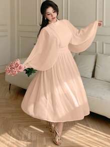 DAZY Solid Color Stand Collar Pleated Ruffle Sleeve Mid-Length Dress For Women,Fall Clothes