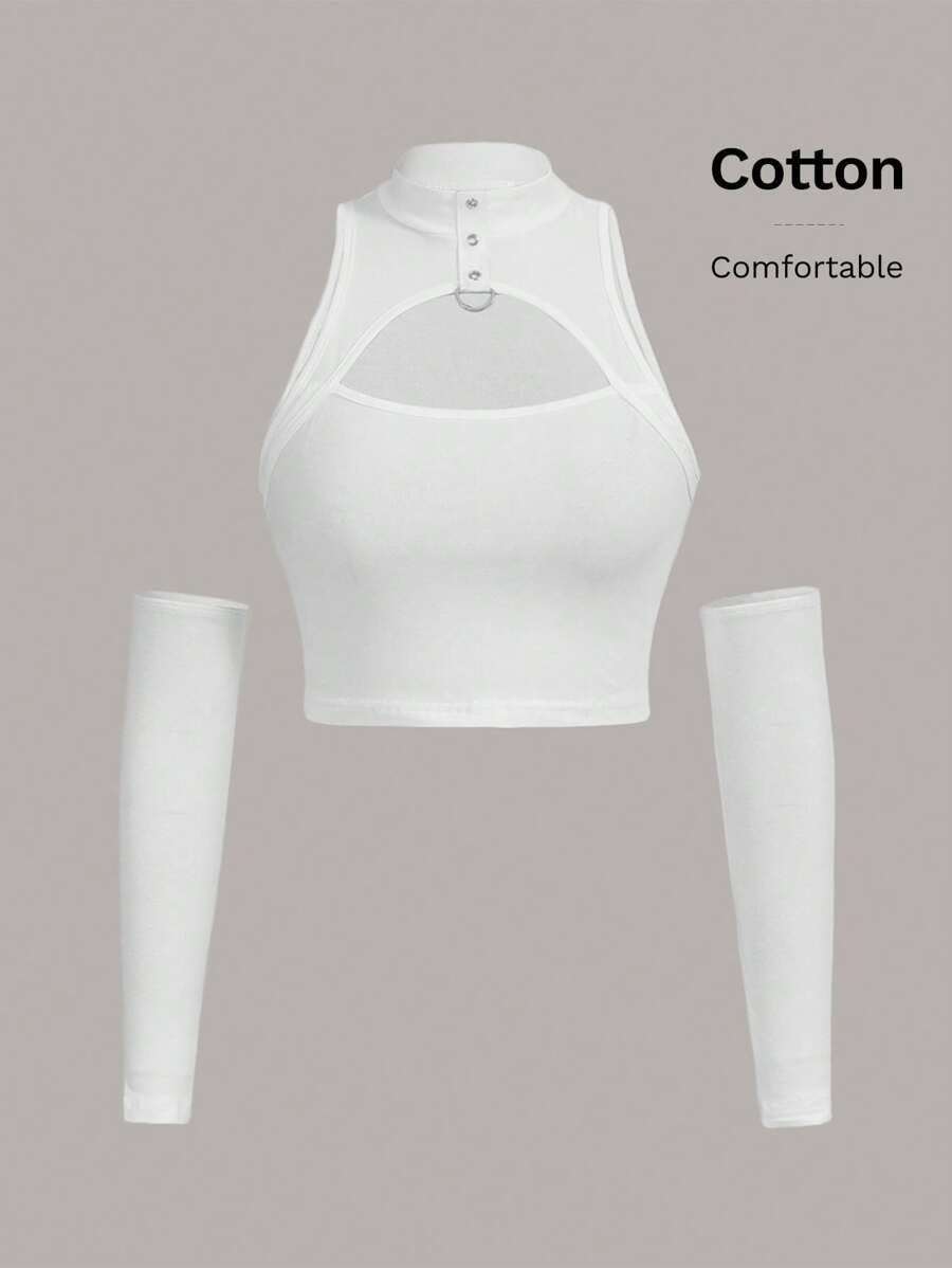 SHEIN ICON Cut Out Front Crop Top With Arm Sleeves - White - View 1