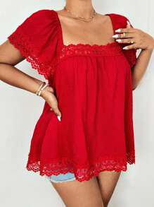 Flirla Blusa casual de mujer de talla grande con unicolor, inserto de encaje y mangas con volantes - Rojo - Ver 5