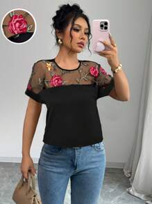 Elenzga Embroidered Floral Mesh Patchwork Casual Short Sleeve T-Shirt, Suitable For Daily Wear - Black - View 1