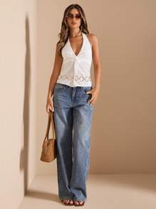 SHEIN BAE 春夏白色 V 领吊带露背挂脖背心，度假背心 - 白色 - 查看 1