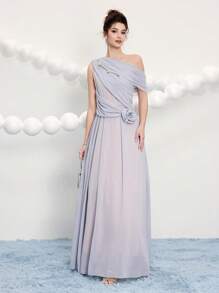 Poshira Abito da ballo da donna elegante di colore unito con scollo asimmetrico, decorazione floreale 3D, vestito da festa, vestito da invitata di matrimonio, vestito da ballo - Grigio - Visualizzare 5