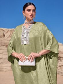 Al Najma Bohemian Fringe Embroidered Loose Women Tunic & Arabian Traditional Maxi Dress Kaftan Jalabiya Dress - Green - View 3