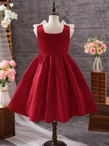 SHEIN Tween Girl Elegant Sleeveless Color Block Bowknot Midi Dress - Red - View 2