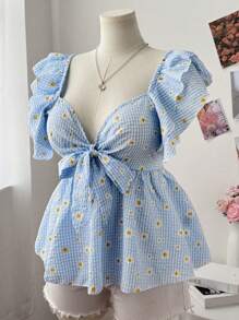 Flirla 大码女式荷叶边袖衬衫，带蝴蝶结，蓝色格子雏菊印花，A 字形，优雅休闲 - 藍色 - 查看 4