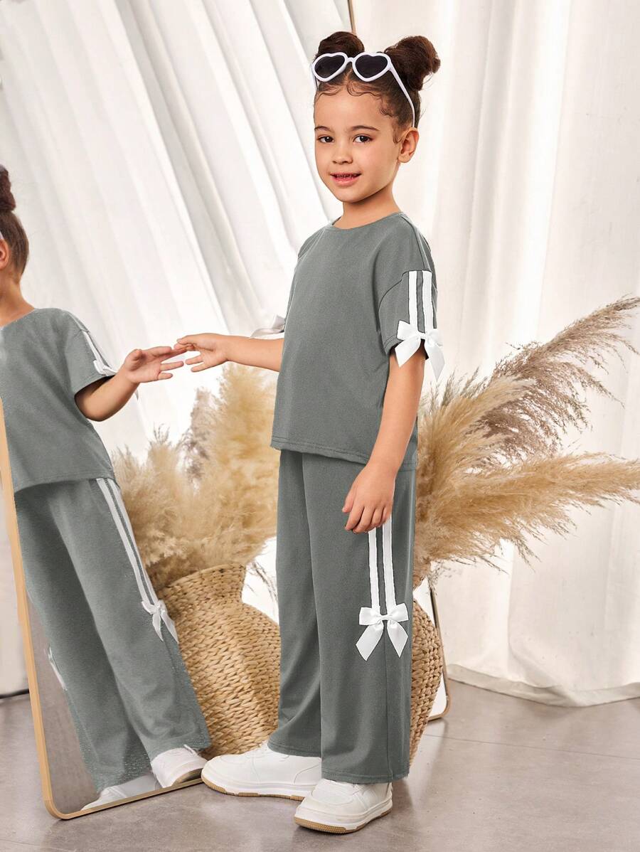 2pcs/Set Young Girl Plain Knit Round Neck Loose T-Shirt And Relaxed Fit Pants - Grey - View 1