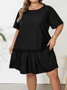 SHEIN CURVE+ Đầm Babydoll Xòe Viền Ruffle Size Lớn Cho Kỳ Nghỉ, Mùa Hè - màu đen - Xem 7