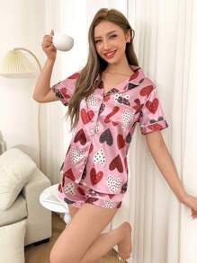 Dream Adore 2pcs Women Heart Pattern Lapel Shirt & Shorts Pajama Set - Multicolor - View 1