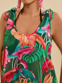 Travachic Plus Size Women Vacation Casual Tropical Plant Print Green Beach Cover Up Twist Shoulder Loose Dress, Summer Country Concert Outfit, Beach Dress, Holiday Clothes, Vacation Outfits Woman, Festival