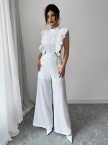 Elenzga Women's Solid Color Ruffle Trim Button Decor Elegant Mid-Calf Jumpsuit, Summer - White - View 5