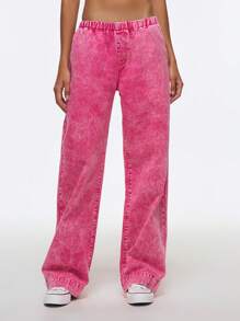 Easelle 2025新款女式松紧腰口袋宽松阔腿热粉色休闲百搭牛仔裤，适合夏季音乐节 - 玫紅色 - 查看 4