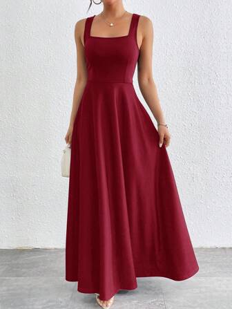 SHEIN Privé 纯色方领收腰荷叶边下摆连衣裙，简约时尚，适合夏季