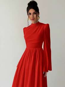 Firerie 女士优雅日常简约精致浪漫迷人通勤办公室正式舞会约会 INS 褶皱喇叭袖收腰白色 A 字裙，秋冬 - 紅色 - 查看 5