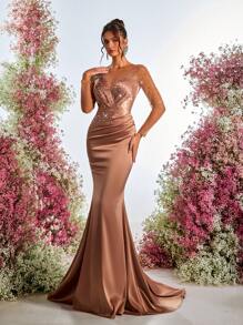 Glamrae 优雅、华丽、浪漫的香槟色奢华烫钻透视长袖修身鱼尾下摆连衣裙适合晚餐单身派对约会度假返校季生日派对婚礼活动晚礼服（重磅款）、婚礼宾客礼服、礼服、长袍 - 香檳色 - 查看 2