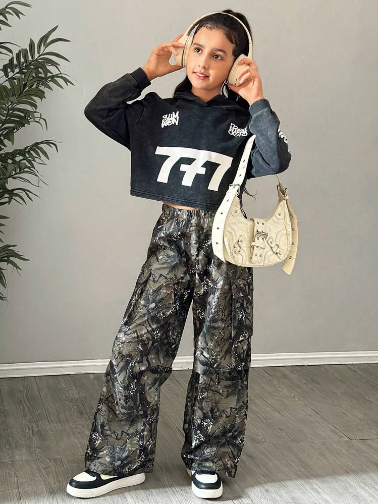 SHEIN Leap Crew Pantalones rectos de moda para niña preadolescente - Verde militar - Añade 4