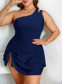 Swim Lushoire Plus Size One-Piece Swimsuit With Shoulder Strap, Solid Color For Summer Beach Vacation - Navy Blue - View 4