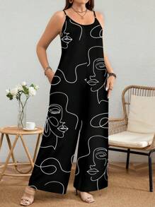 EMERY ROSE Plus Size Women Line Figure Print Wide Leg Spaghetti Strap Jumpsuit Suitable For Going Out,Flower/Spring/Summer/Vacation - Black - View 3