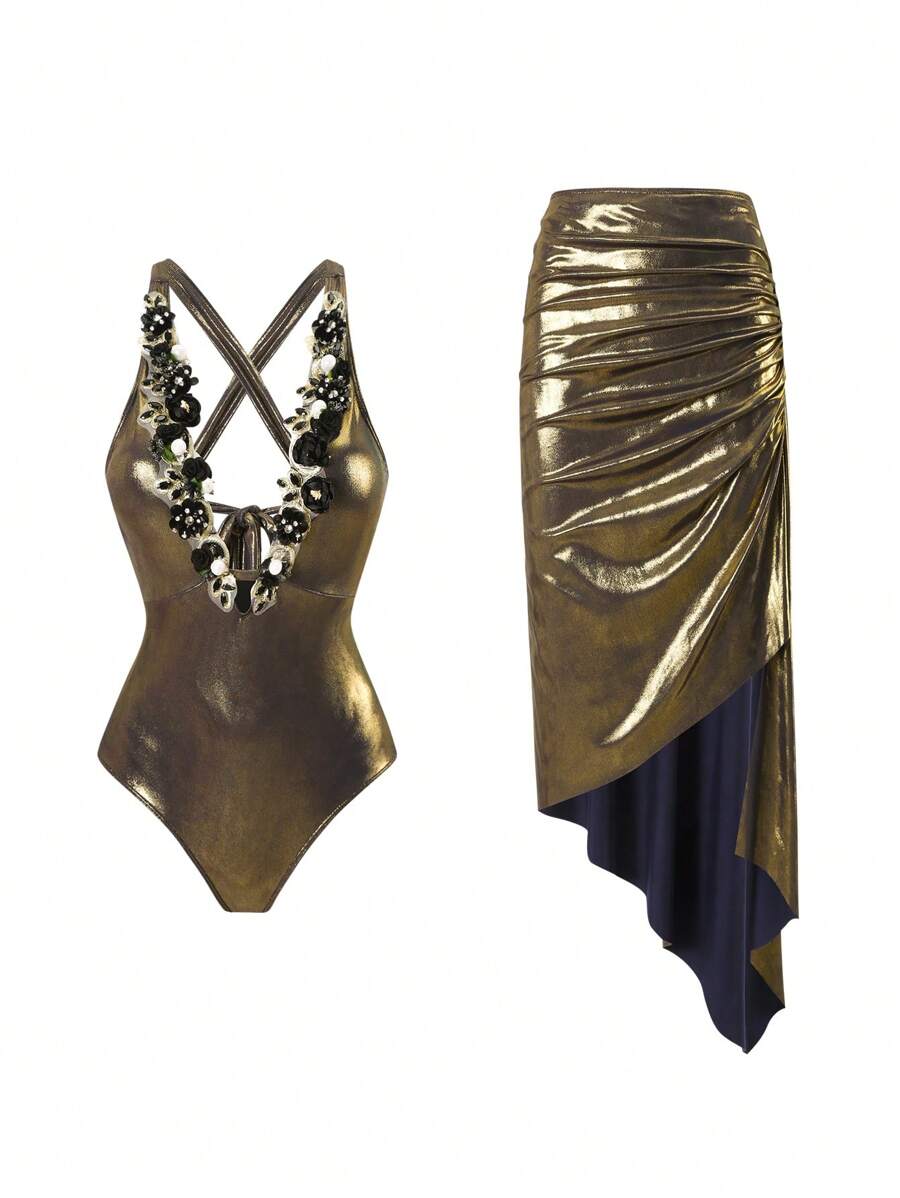 Swim Oasis 2pcs High-End Deep V-Neck Solid Color Glossy Fabric 3D Floral Decor Women Beach One-Piece Swimsuit Set For Summer Beach Vacation - Gold - View 1