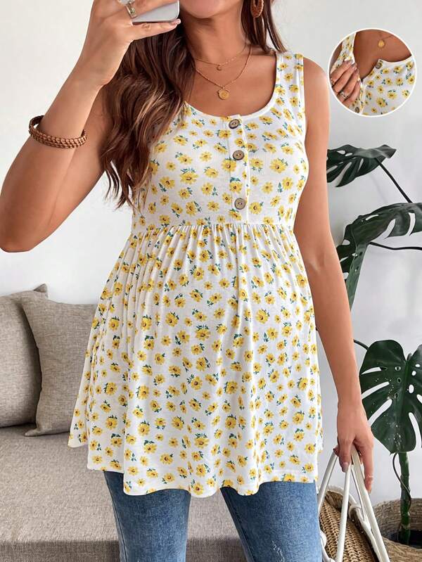 SHEIN Schwangere Frauen Blümchen Knopffront Lässiges Stillcamisole/Tank Top für den Urlaub