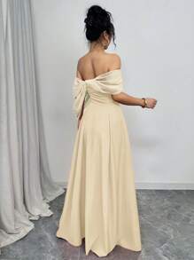 Rafferiza 女式露肩褶皱领扭腰连衣裙，配全裙 - 杏色 - 查看 2