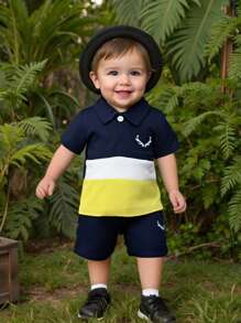 2 pezzi Set polo e pantaloncini per bambino, in colori a contrasto blu navy, bianco e giallo, perfetto per uso quotidiano, feste o uscite, per sembrare carino e signorile, abbigliamento estivo, costume da bagno