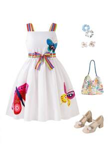 Girls Elegant Butterfly Print White Camisole Dress With Rainbow Striped Waist Belt, Fashion Summer Vacation Wear - White - View 1