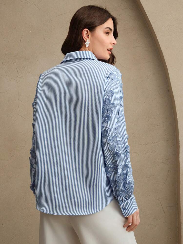 New Spring/Summer Casual Loose Fit Blue & White Striped Patchwork Embroidered Blouse, Business Casual For Women