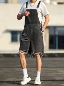 Manfinity Hypemode Men's Casual Grey Denim Ripped Short Overalls With Strap Neckline And Sleeveless Design - Grey - View 1