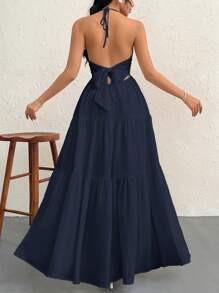 女式皱褶面料露背连衣裙，带吊带领和后背系带，适合节日、婚礼和活动 - 藏蓝色 - 查看 2