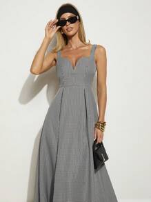 COSMINA Váy dài vừa phải không tay kẻ caro đen trắng dự tiệc thanh lịch dành cho nữ, Xuân/Hè - Đen và trắng - Xem 4