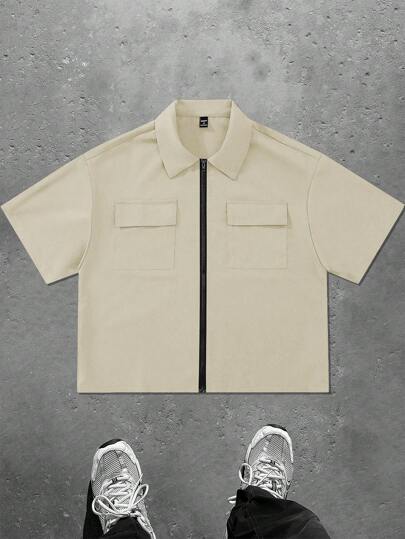 Manfinity Hypemode 男士领口拉链前口袋休闲短袖衬衫，适合日常穿着，男士短款衬衫，宽松衬衫