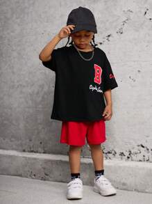 SHEIN 2pcs/Set Young Boy Casual Letter Print Patchwork Round Neck Drop Shoulder Short Sleeve T-Shirt And Shorts Set,Summer New Design For Vacation,School - Multicolor - View 7