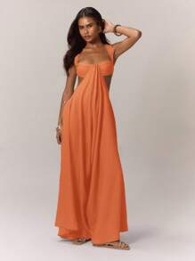 MUSERA 超宽腿连体裤，垂褶前胸罩杯设计，侧边镂空，露背，度假波西米亚风，西部牛仔风，春夏度假沙滩装，优雅伊比沙岛假日婚礼宾客约会之夜性感晚装，波西米亚橙色婚礼派对 - 橘色 - 查看 4