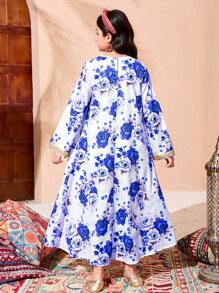 Tween Girl Abaya Kaftan Jalabiya 束腰外衣，朴素连衣裙，金色丝带领口，花卉复古印花，宽松度假传统长裙 - 藍色 - 查看 2