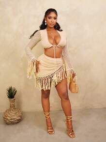 BamGleam Spring And Summer New Fashion Women's Yellow Braided Fabric Short Jacket Fringe Set, Suitable For Beach Vacation Fall Cloth For Women - Yellow - View 3