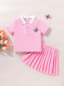 2 件套女童短领前扣刺绣松紧腰褶边休闲运动套装，夏季