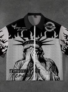 SHEIN Chemise zippée décontractée pour garçon adolescent avec imprimé graphique, manches courtes, idéale pour l'été