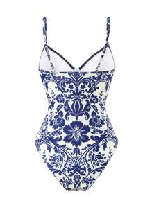 Swim Chiccia Beach Summer One-Piece Swimsuit With Floral Retro Print, Blue Gathered Design, Elegant And Classy Women Swimwear For Holiday - Blue - View 2