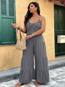 Breezaya Plus Size Women Solid Color Casual Multi-Layer Strap Jumpsuit - Dark Grey - View 1