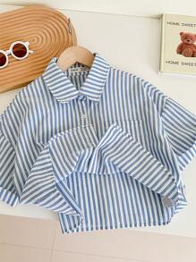 SHEIN LMoss Kids Tween Girls' Casual Turndown Collar Patch Pocket Loose Striped Cropped Short Sleeve Blouse - Blue - View 5