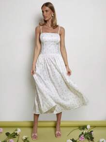 COSMINA Vestido deslizante largo con estampado floral pequeño y elegante para mujeres, primavera/verano - Blanco - Ver 4