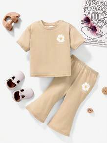 SHEIN Leap Crew 女婴休闲简约短袖服装，适合春夏季 - 卡其色 - 查看 6
